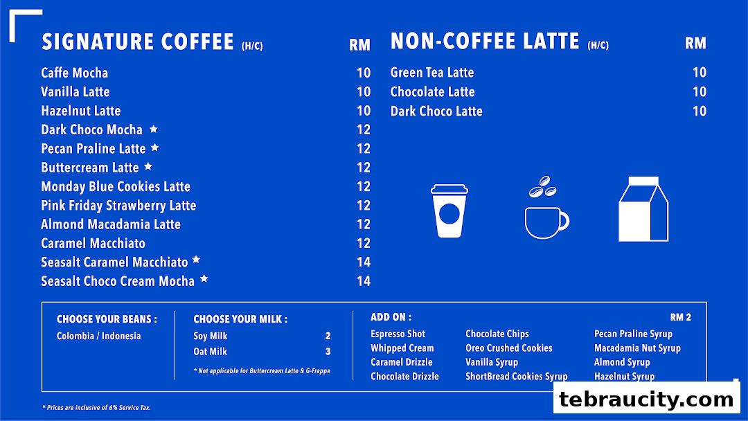 A menu from Gigi Coffee featuring signature and non-coffee lattes, with customization options.
