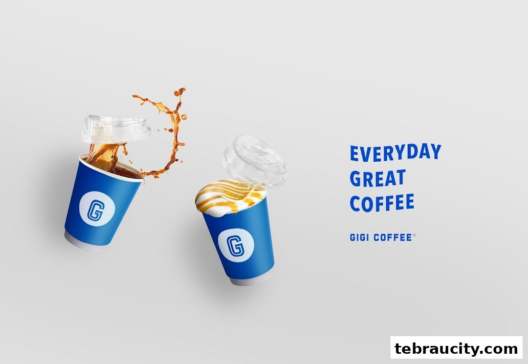 Two blue coffee cups with lids, one splashing coffee and the other with caramel.
