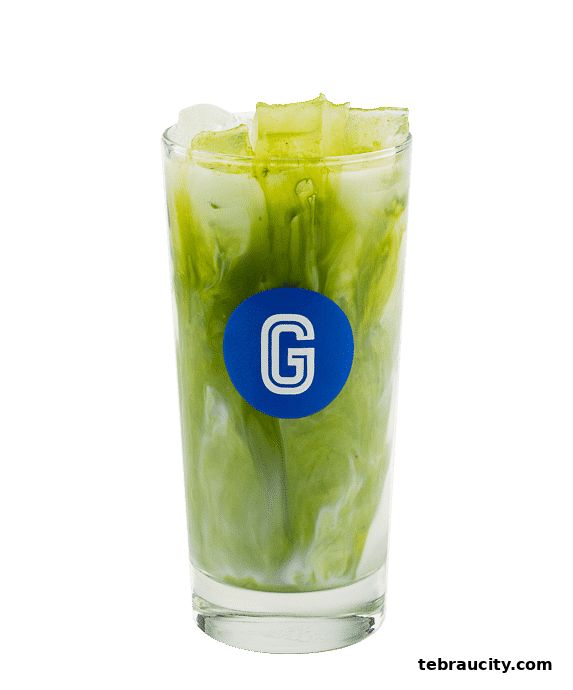 A tall glass of iced matcha latte with the Gigi Coffee logo on the glass.