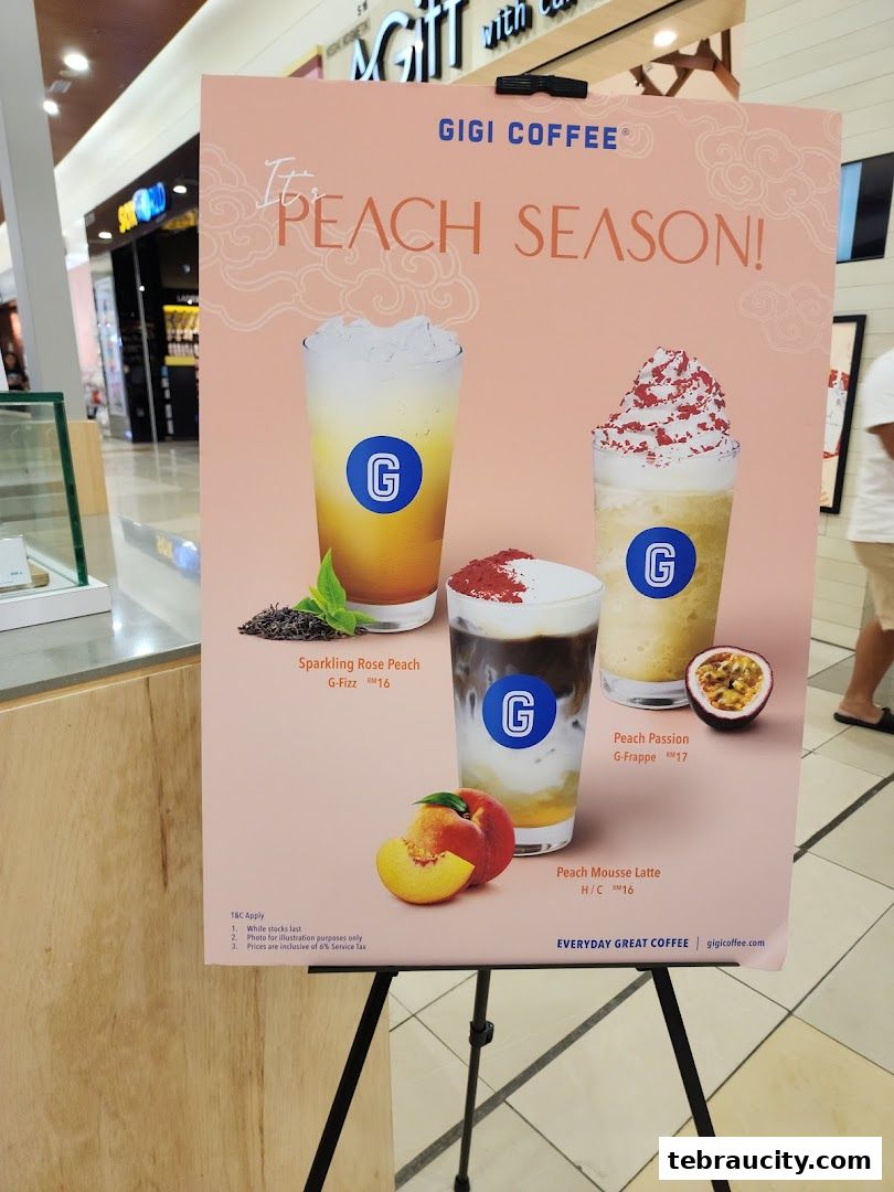 A promotional poster for Gigi Coffee featuring three peach-themed drinks.