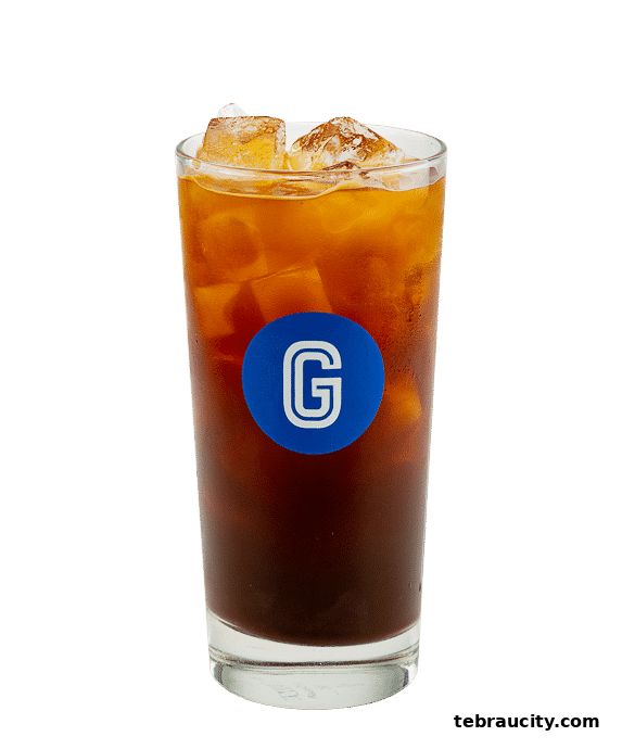 A tall glass of iced coffee with ice cubes and a blue Gigi Coffee logo.