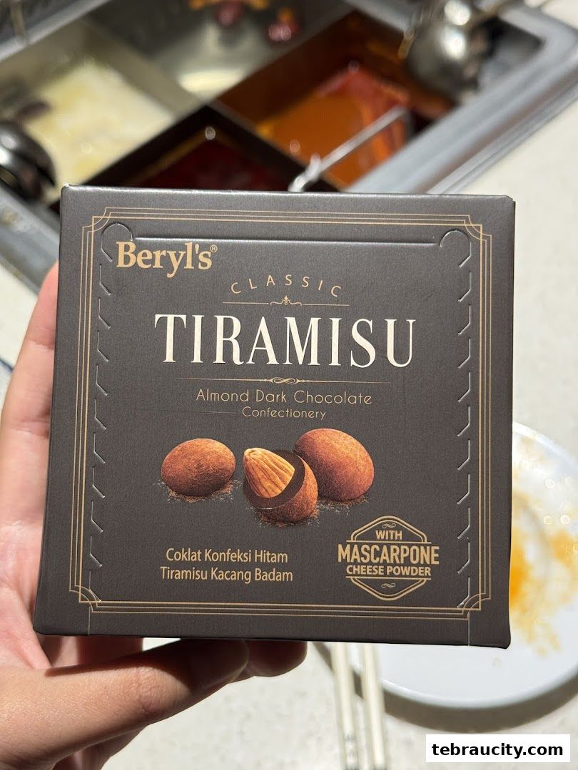 A box of Beryl's Classic Tiramisu Almond Dark Chocolate Confectionery with Mascarpone Cheese Powder.