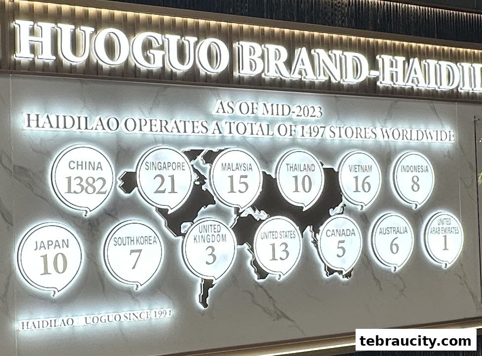 Haidilao operates 1497 stores worldwide, with a map showing store counts by country.