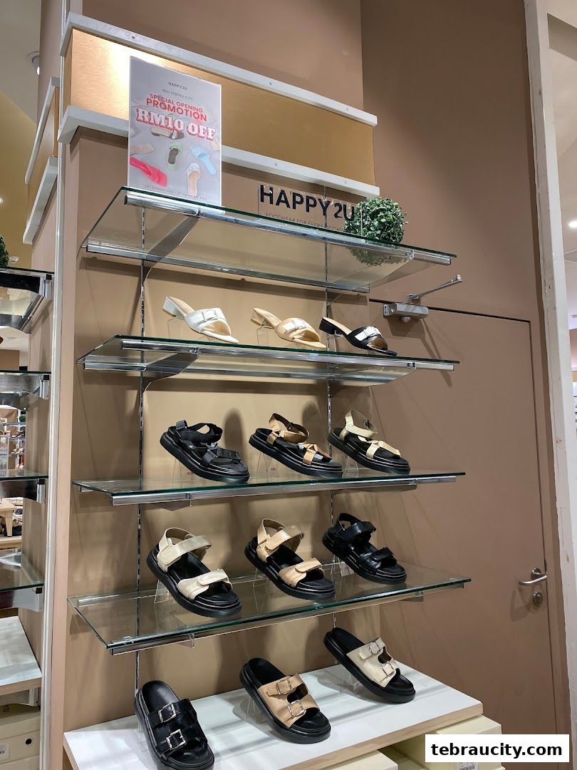 A display of various stylish sandals and slides on shelves inside a HAPPY2U shoe store.