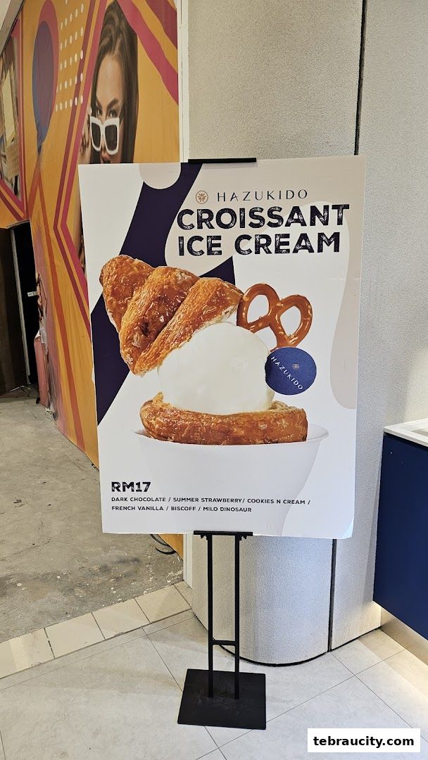 A sign advertising Hazukido's Croissant Ice Cream with various flavor options.