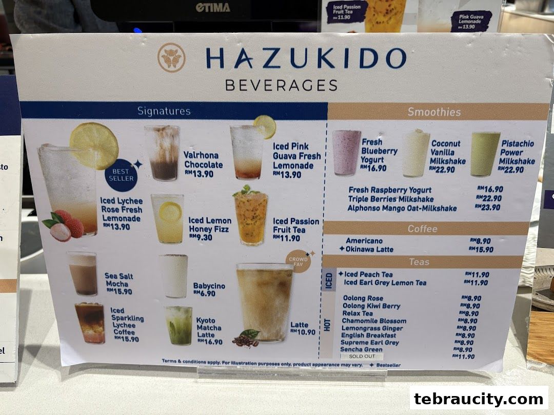 A menu from Hazu Bakery Cafe featuring signatures, smoothies, coffee, and teas with prices.