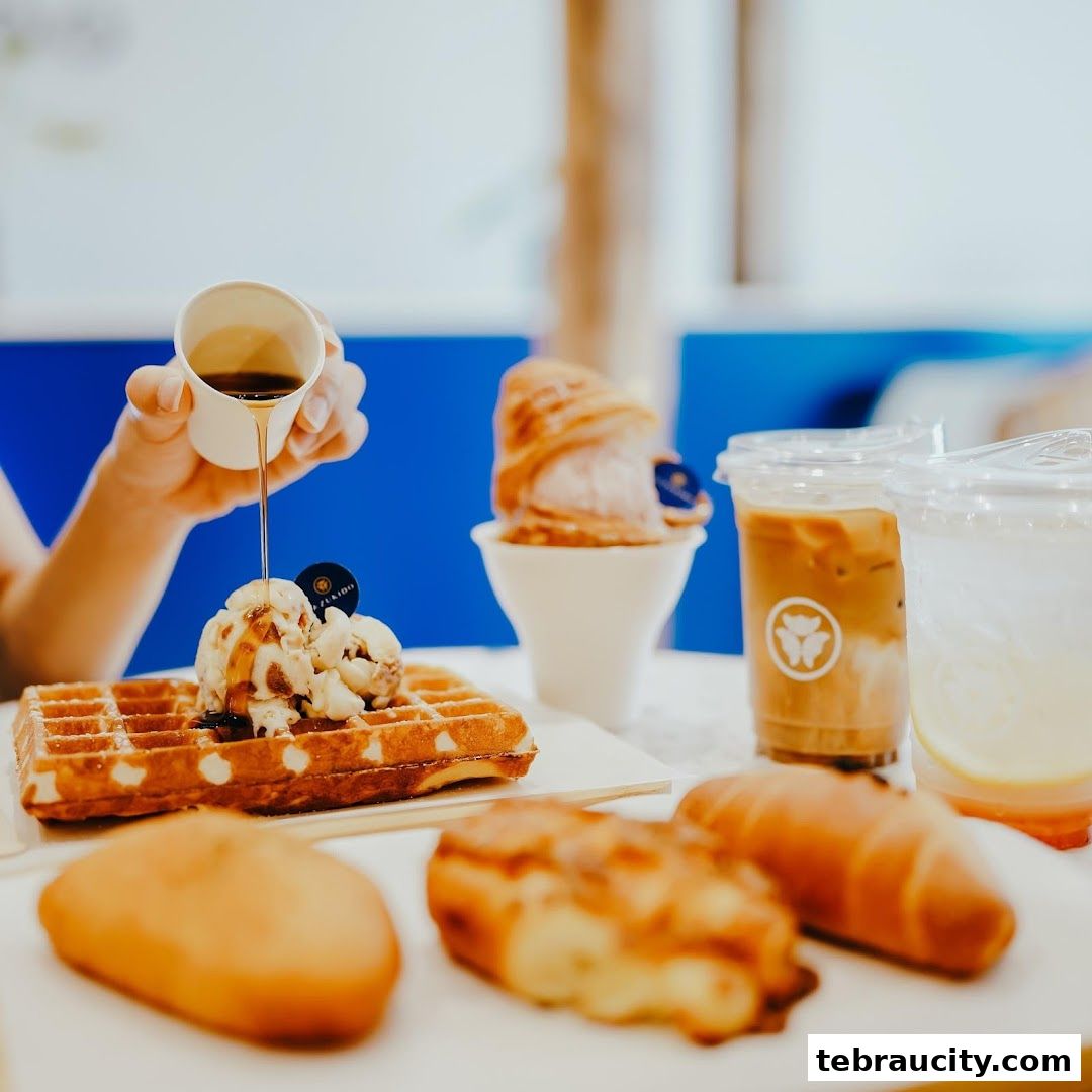 A hand pouring syrup onto a waffle with ice cream, surrounded by pastries and drinks.