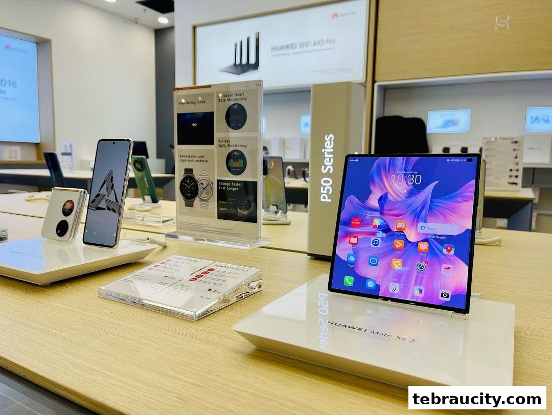 Huawei store display featuring the Mate Xs 2 foldable phone and other devices.