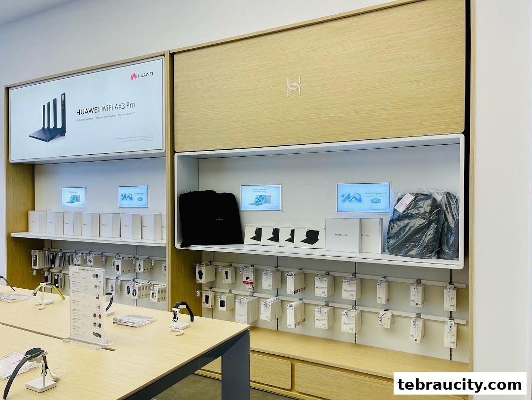 Interior of a Huawei store showcasing various products and accessories on display shelves.