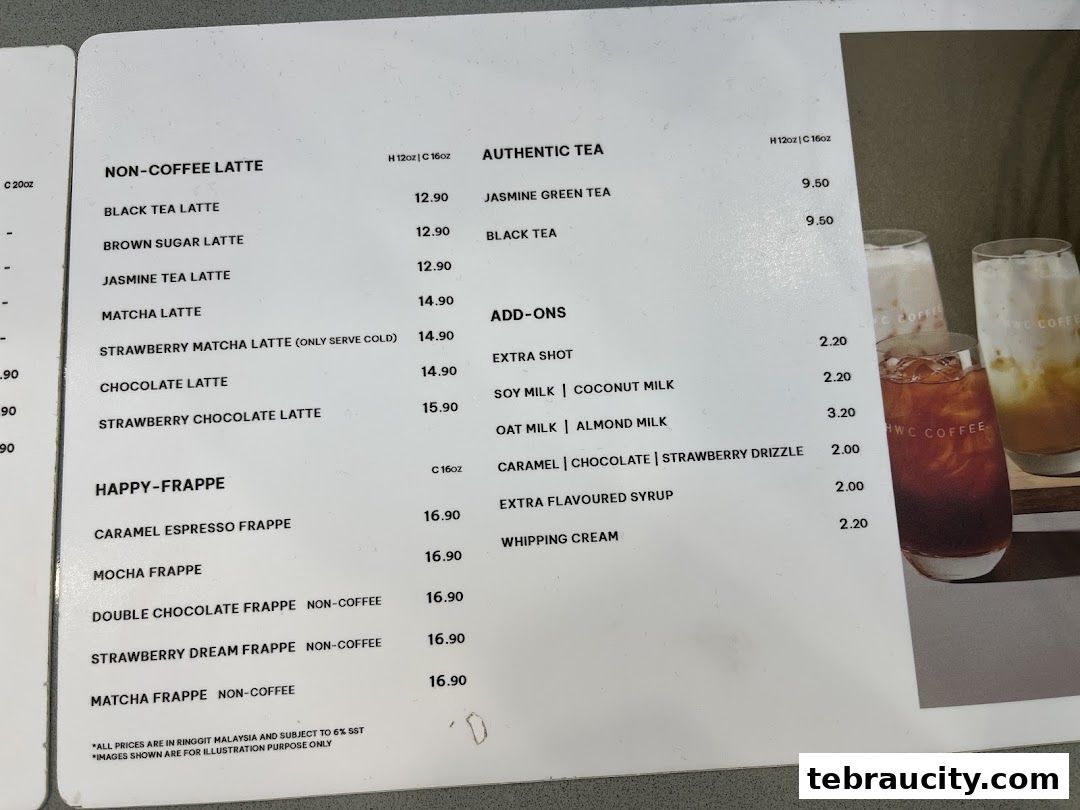 A menu from HWC Coffee featuring non-coffee lattes, authentic teas, and frappes with prices.