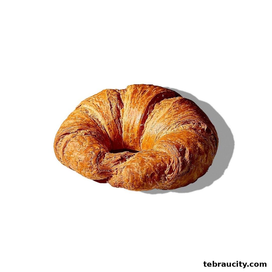 A golden-brown, flaky croissant casting a shadow on a white background.