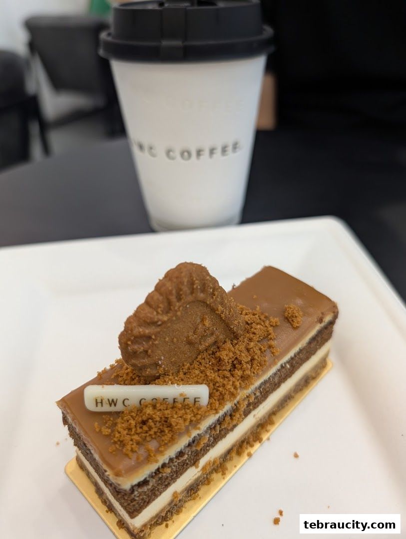 A slice of layered cake with coffee and biscuit toppings on a white plate.
