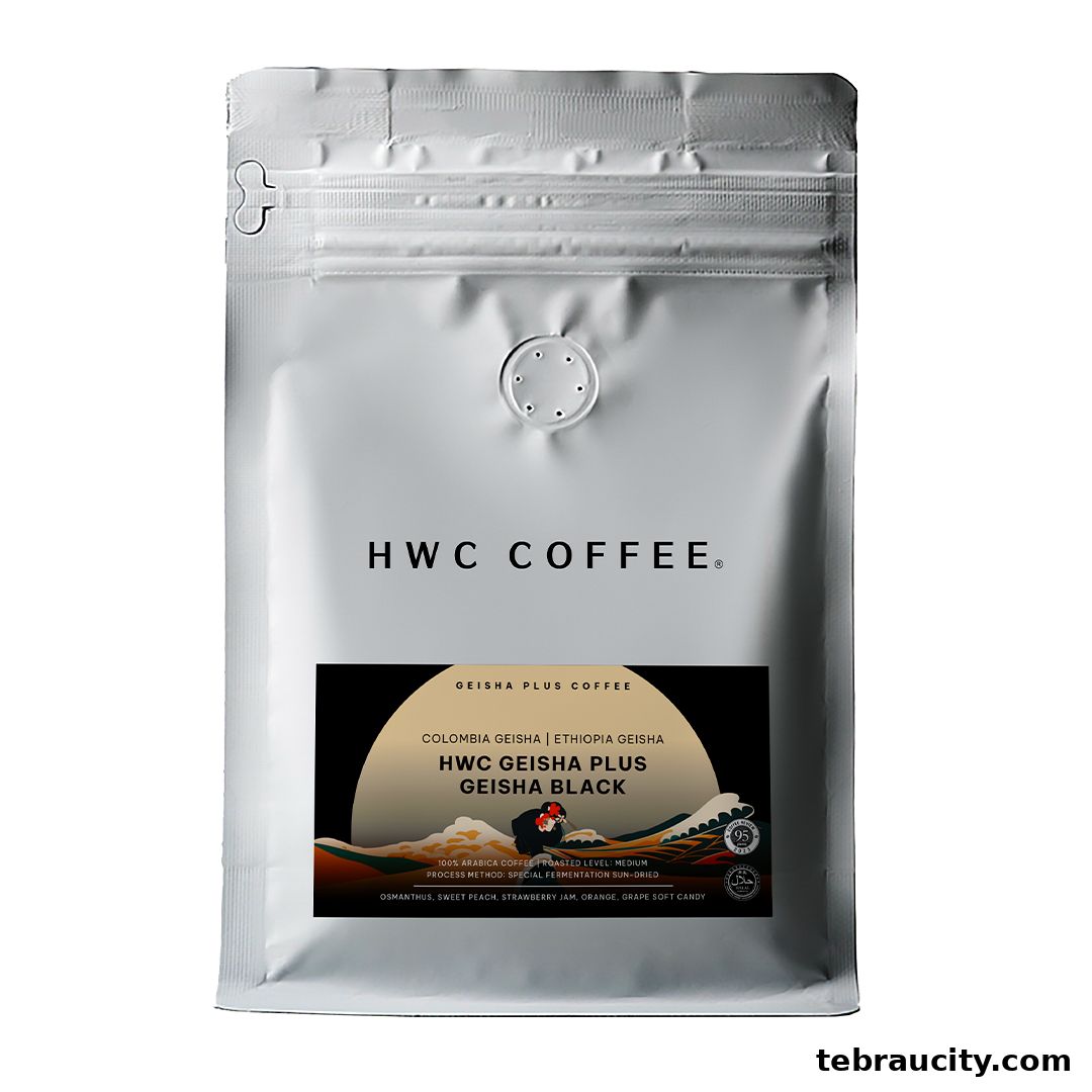 A bag of HWC Coffee Geisha Plus Geisha Black coffee beans.