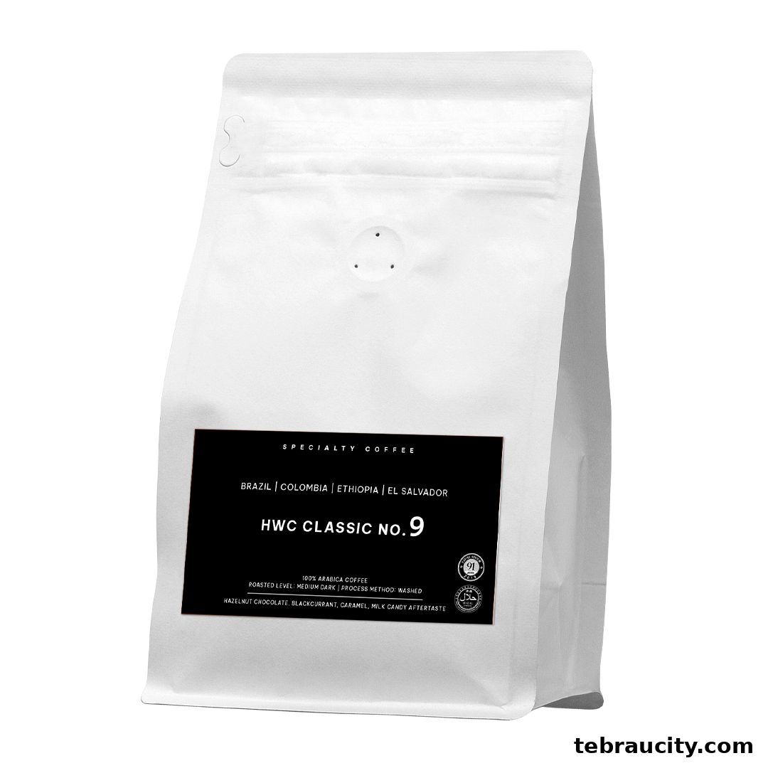 A white coffee bag with a black label displaying HWC Classic No. 9 coffee details.
