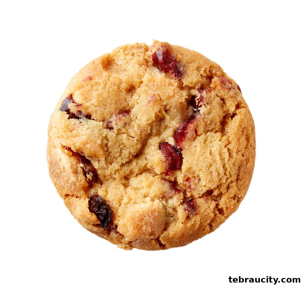 A close-up shot of a delicious cranberry and white chocolate chip cookie.