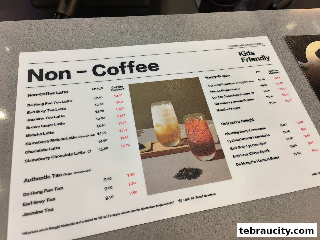 A menu from HWC Coffee featuring non-coffee drinks, frappes, and refreshing beverages.