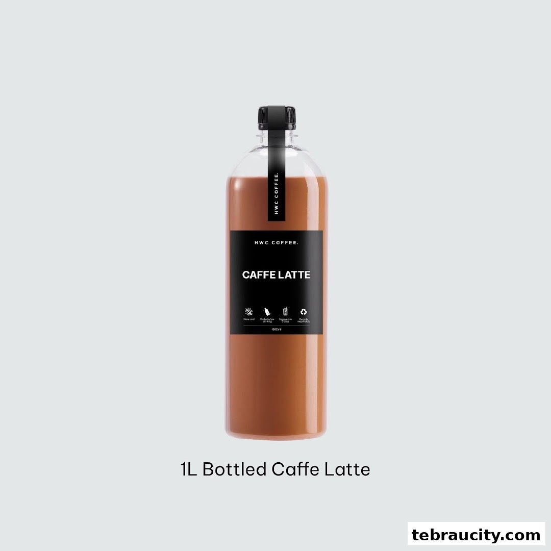 A 1-liter bottle of HWC Coffee Caffe Latte with product information on the label.