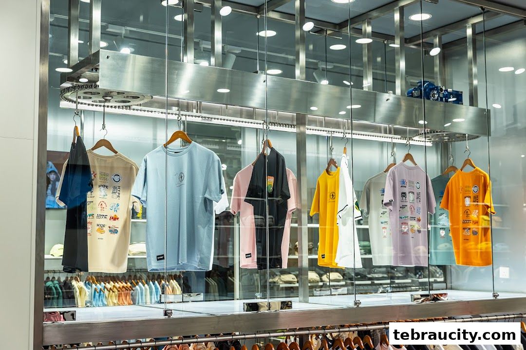 A display window showcasing a variety of graphic t-shirts in different colors and styles.