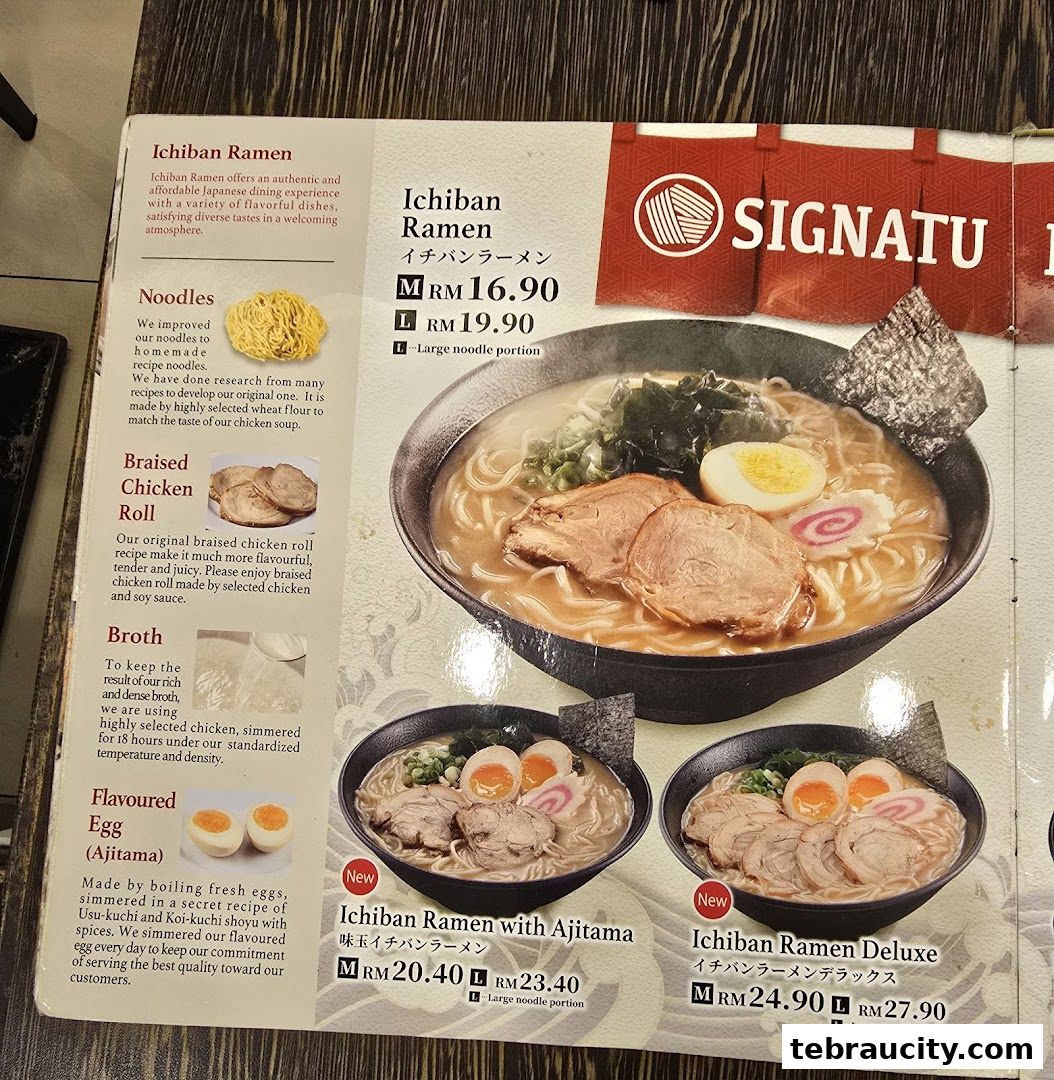 A menu showcasing various ramen dishes with descriptions and prices.