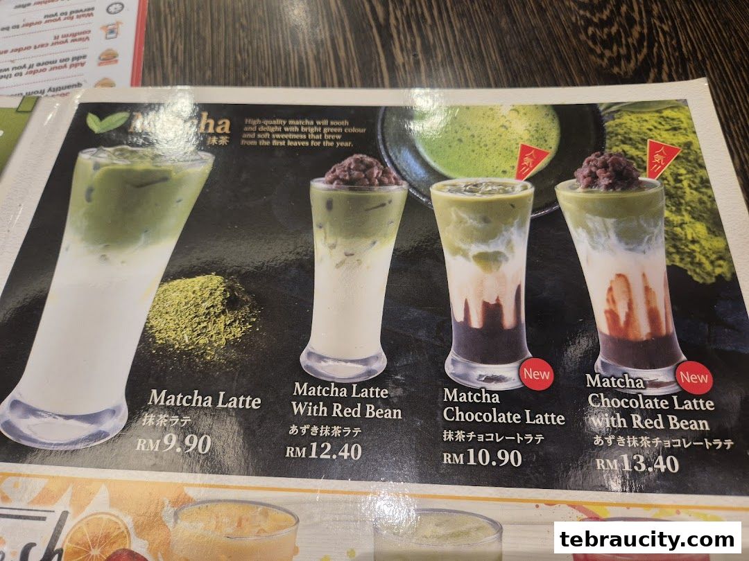 A menu featuring various matcha lattes, including plain, with red bean, and chocolate variations.