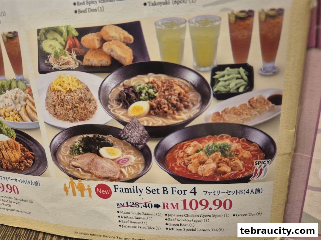 A menu showcasing various Japanese ramen dishes, fried rice, gyoza, and drinks.