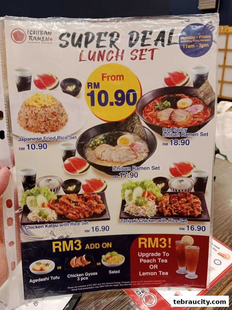 A menu from Ichiban Ramen featuring lunch sets, add-ons, and drink upgrades.