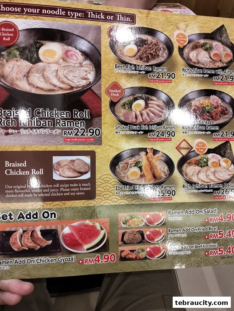 A menu showcasing various ramen dishes and add-on options with prices.