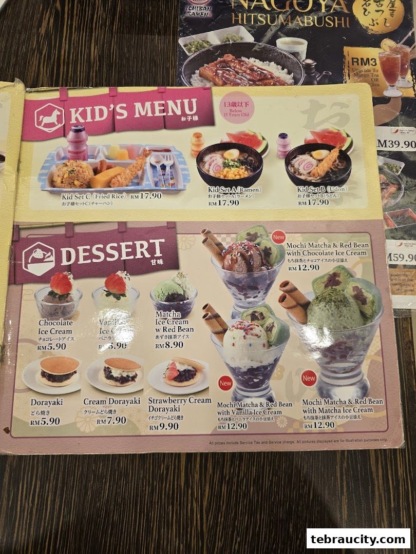 A menu from Ichiban Ramen featuring kids' meals and desserts like ice cream and dorayaki.