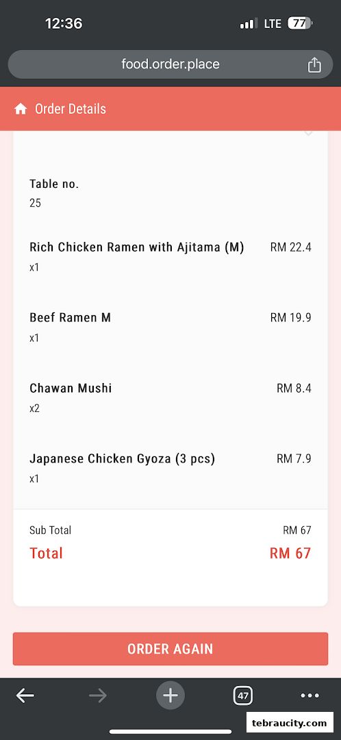 Order details screen showing ramen, chawan mushi, and gyoza with prices.