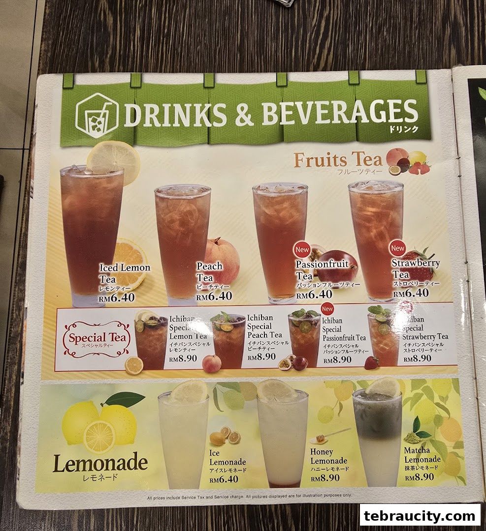 A menu featuring various fruit teas and lemonades with prices.
