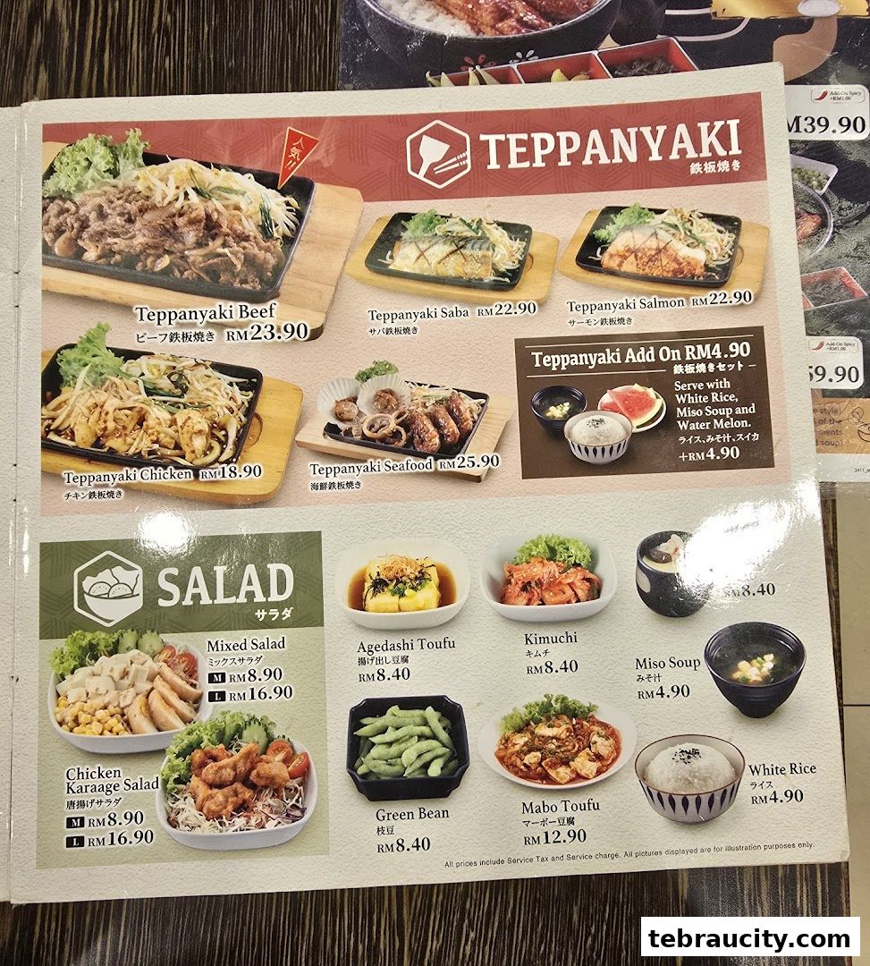 A menu from Ichiban Ramen featuring Teppanyaki dishes and salads with prices.