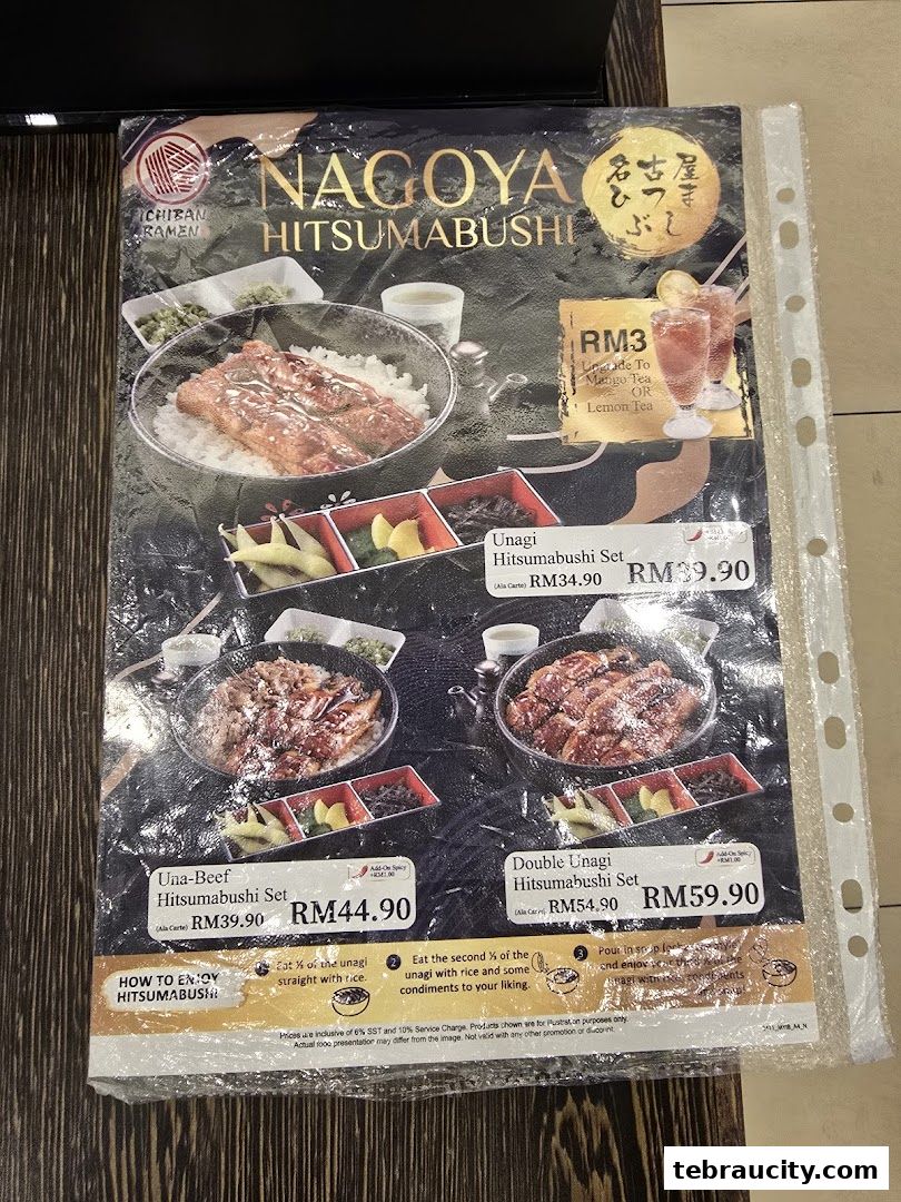 A menu from Ichiban Ramen featuring Nagoya Hitsumabushi sets with prices.