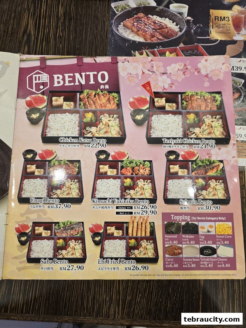 A menu showcasing various bento boxes with Japanese dishes and toppings.