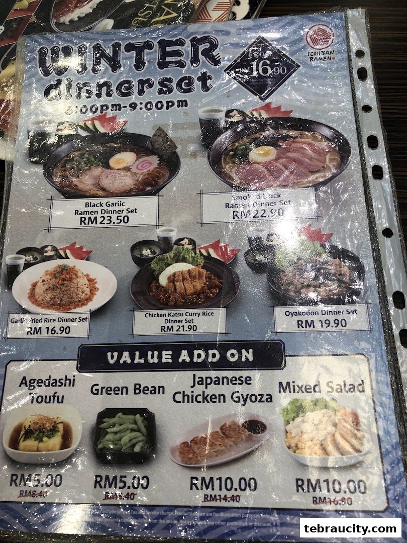 A menu featuring winter dinner sets and value add-on items from Ichiban Ramen.