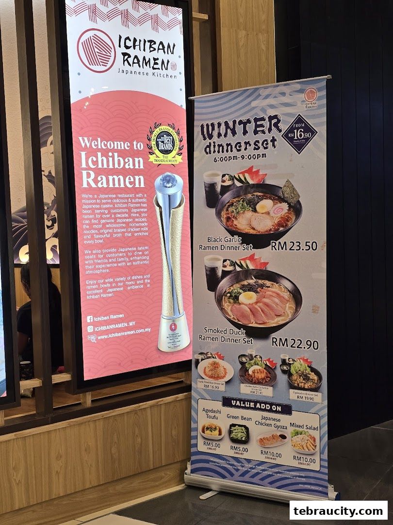 A display featuring Ichiban Ramen's welcome message and a winter dinner set promotion.