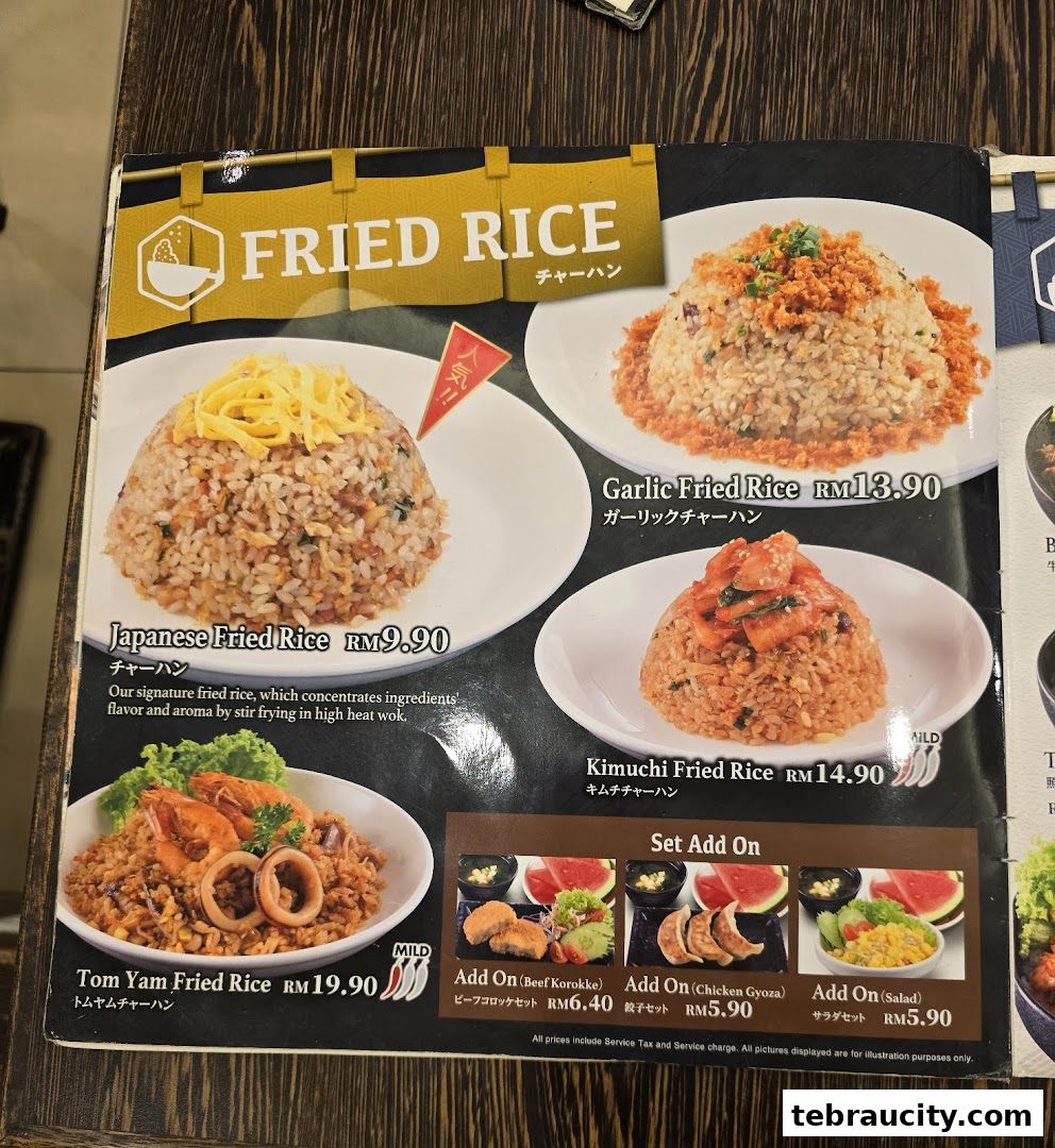 A menu showcasing various fried rice dishes and set add-ons from Ichiban Ramen.