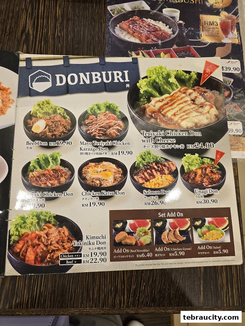 A menu featuring various Donburi rice bowls and set add-ons from Ichiban Ramen.
