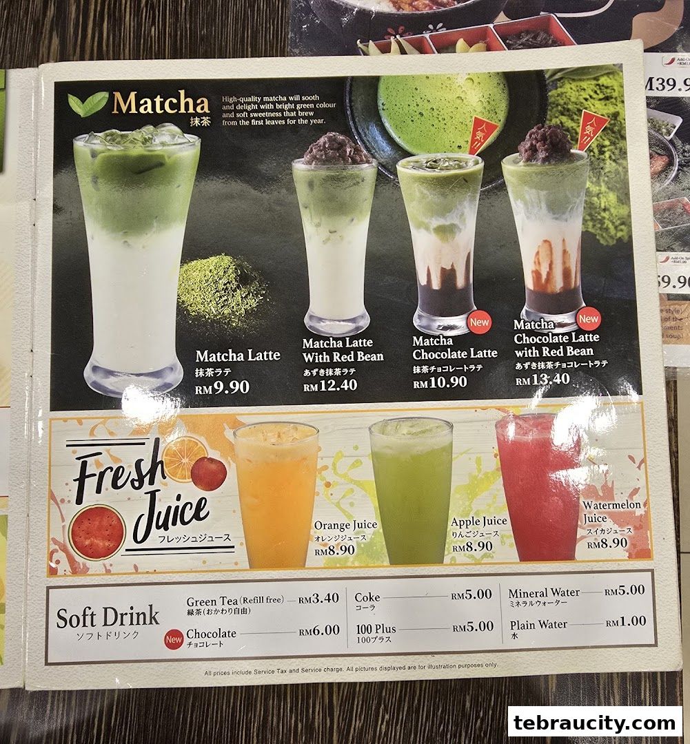 A menu featuring various matcha drinks, fresh juices, and soft drinks with prices.