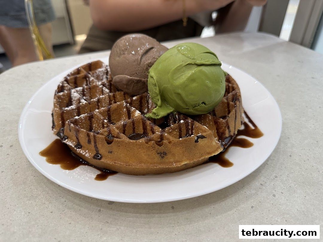 A delicious waffle topped with chocolate and matcha ice cream, drizzled with chocolate sauce.