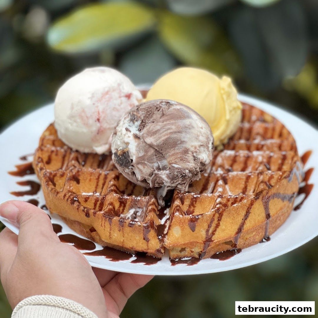 A hand holds a white plate with a waffle topped with three scoops of ice cream and chocolate syrup.