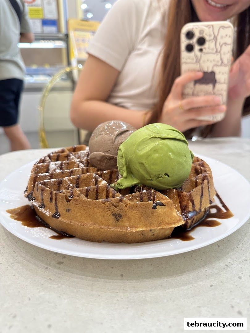 A delicious waffle topped with two scoops of ice cream and chocolate sauce.