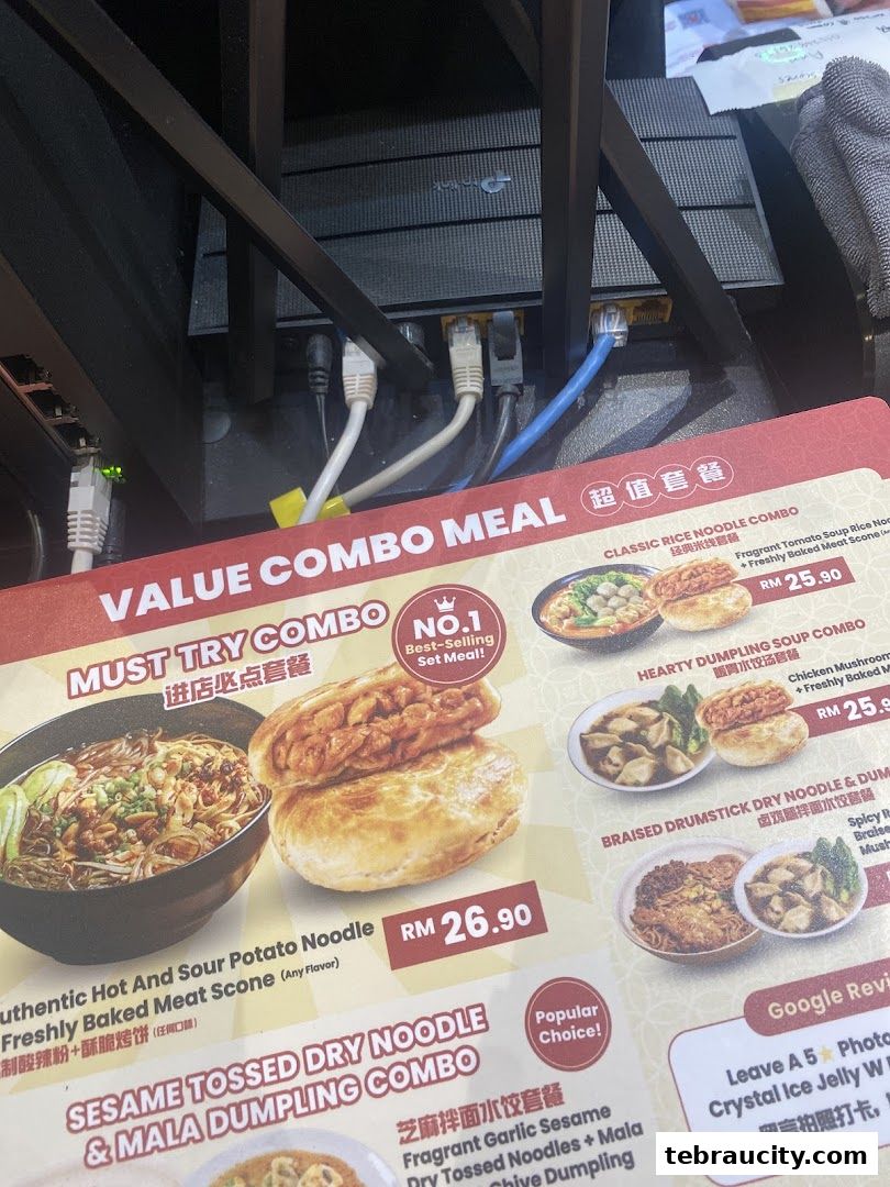 A menu showcasing various combo meals with noodles and scones from Jipinhe Scones Malaysia.