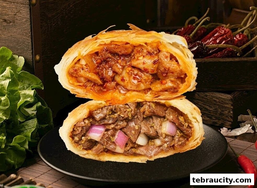 Two savory scones filled with meat and spices, presented on a black plate with chili peppers.