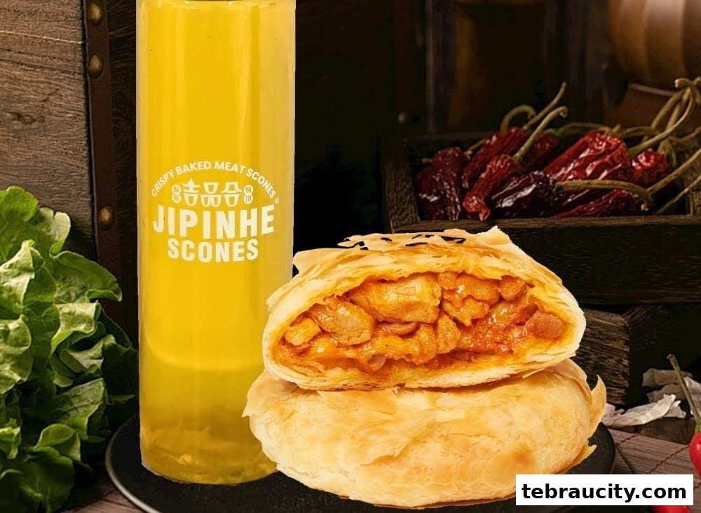 A close-up of a savory meat scone and a yellow beverage from Jipinhe Scones.