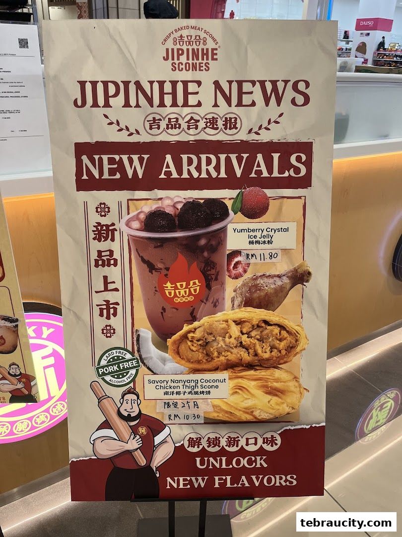 A promotional poster for Jipinhe Scones featuring new arrivals and menu items.