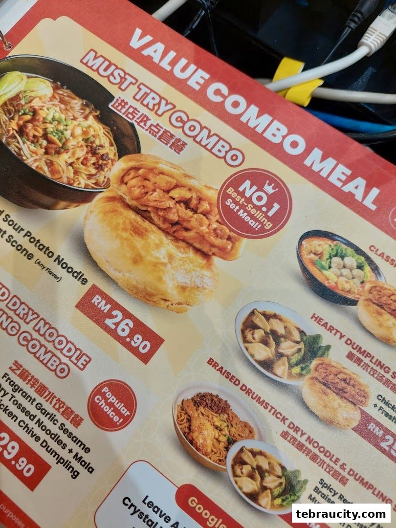 A menu featuring value combo meals with various noodle and dumpling dishes.