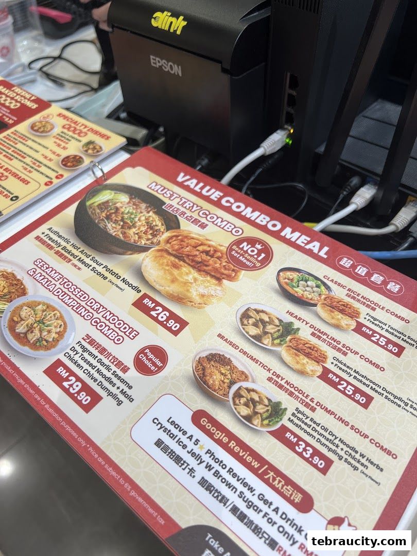 A menu featuring value combo meals with noodles, dumplings, and scones.
