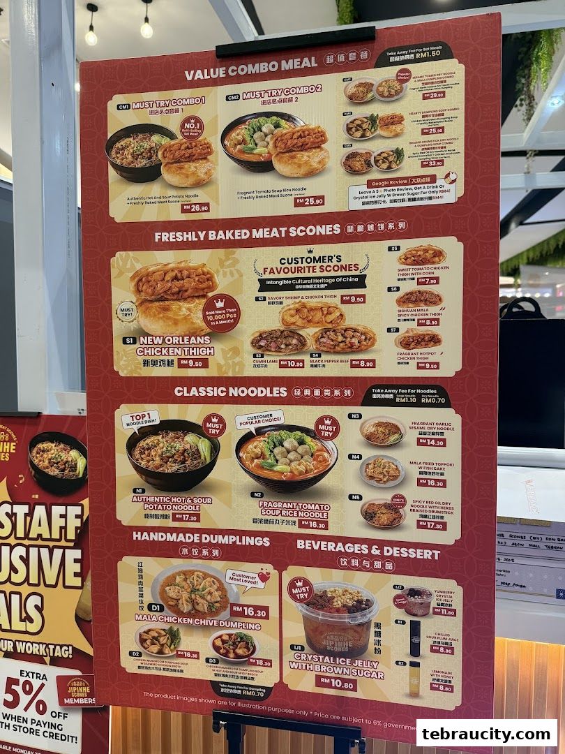 A menu board displaying various combo meals, scones, noodles, dumplings, and desserts from Jipinhe Scones.
