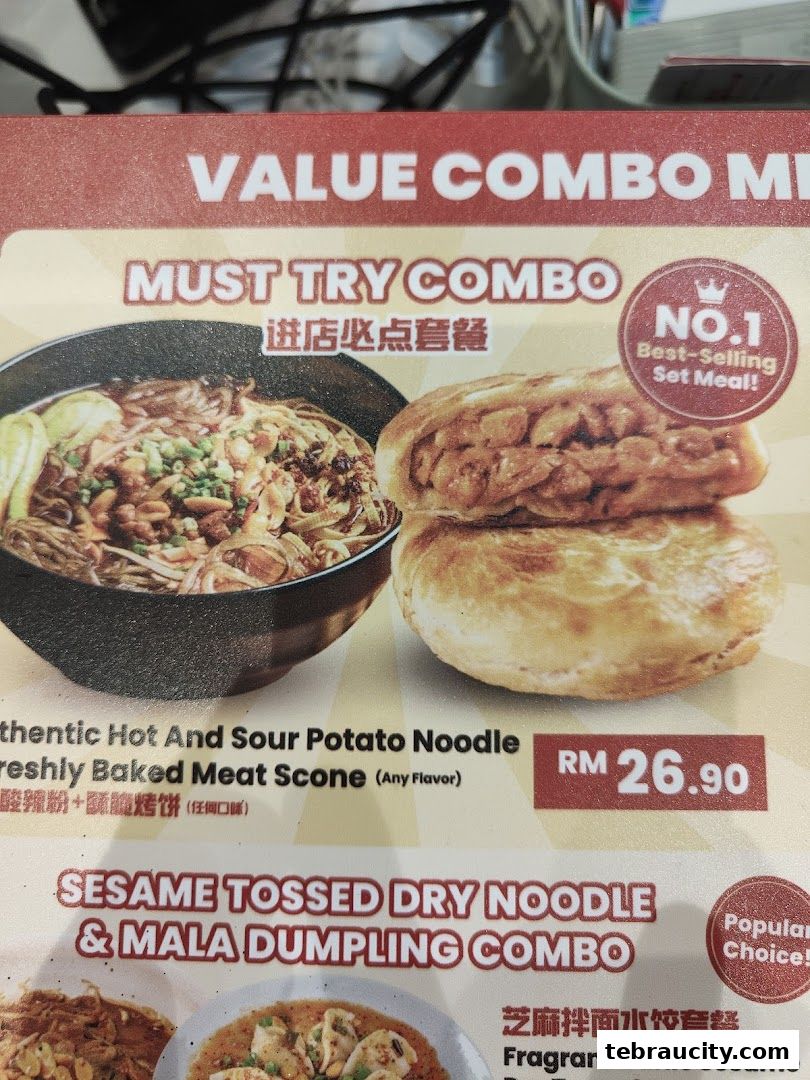 A menu featuring a 'Must Try Combo' with noodles and a meat scone.