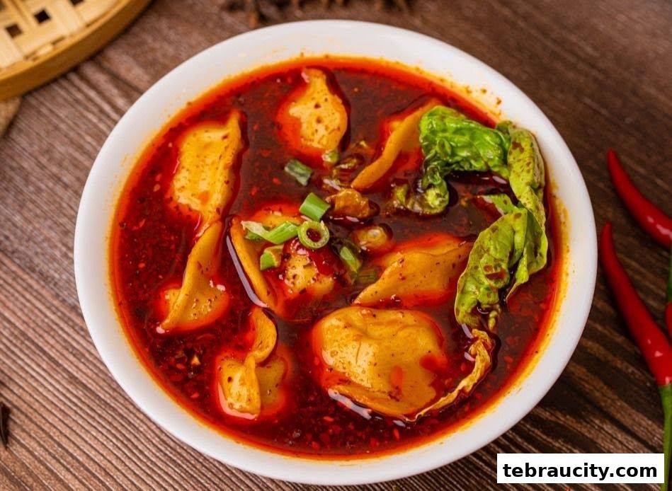 A bowl of spicy Sichuan dumplings with chili oil, green onions, and vegetables.